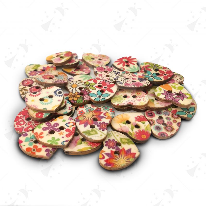 Bottoni in Legno 2,5x2,3cm Cuori Fantasia Floreale 40pz