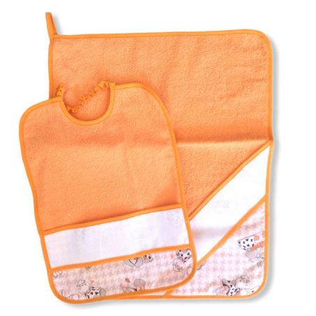 Completo per Asilo/Scuola 2pz asciugamano e bavaglino con tela aida, fantasia mucche arancione