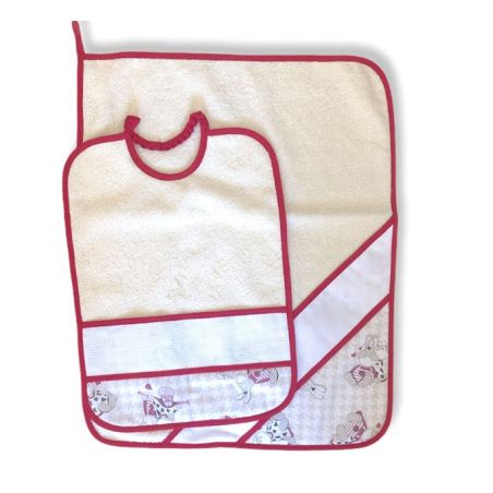 Completo per Asilo/Scuola 2pz asciugamano e bavaglino con tela aida ,fantasia asini rosso