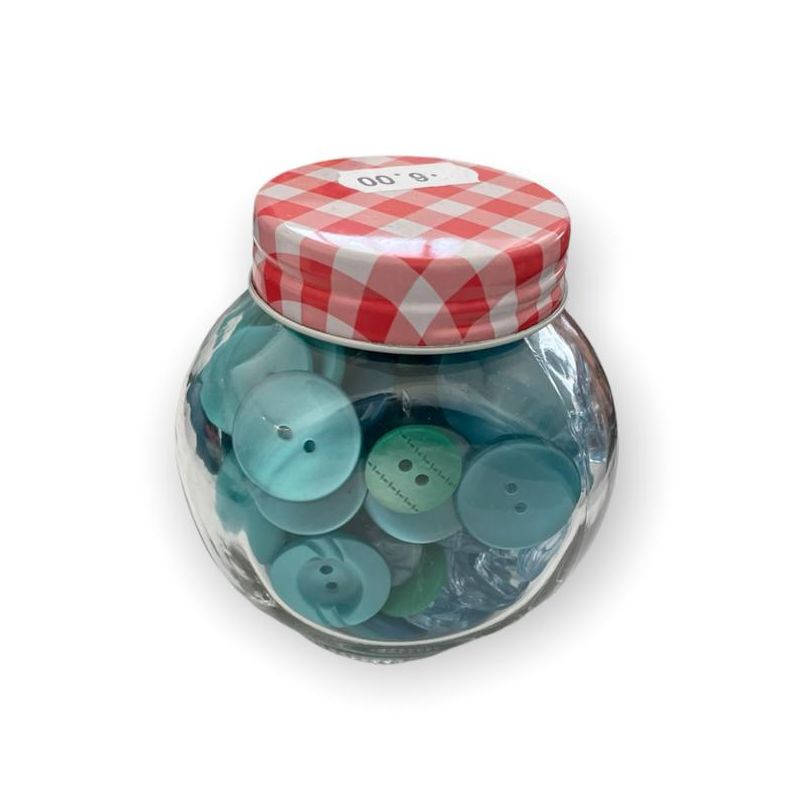SUPER OFFERTA barattoli tondi di bottoni 7x7cm/ca, pezzi unici 90Pz/ca, azzurro