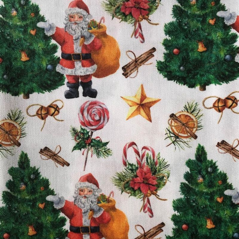 Tessuto natalizio al metraggio 100% cotone 150cm bianco fantasia babbo natale e albero di natale