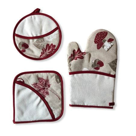 Set guanto e presine con tela aida, beige fantasia rosso autunno