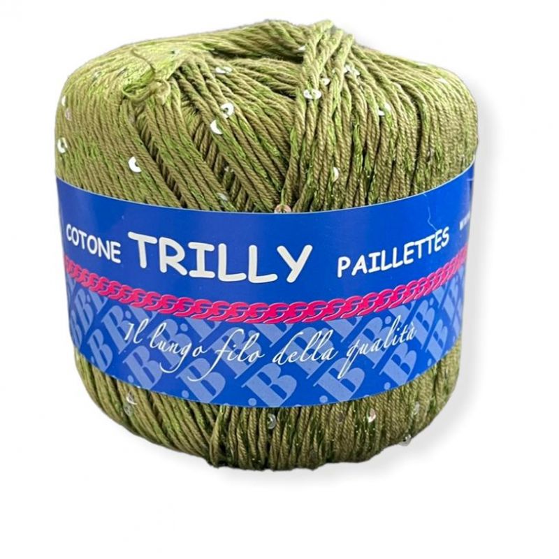 Gomitolo Cotone Trilly 50gr con paillettes, verde n°10