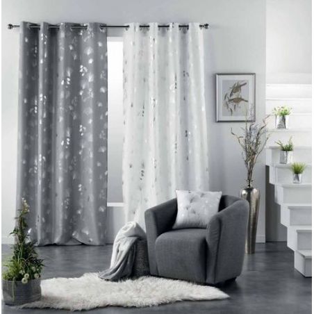 Tenda Con Anelli Cm.140 X 260 Fantasia FoglieArgento Base grigio Perla