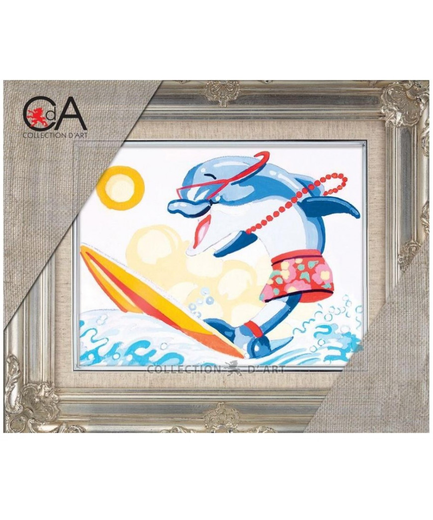 Kit Canovaccio Quadro Per Mezzo Punto cm Canovaccio 20x25-disegno 14x18 Soggetto Delfino che Surfa