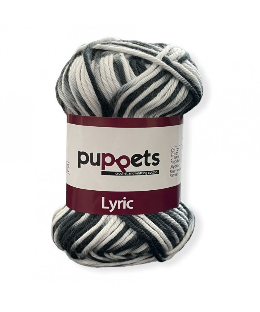 Gomitolo cotone Puppetes LYRIC Sfumato, 100% cotone 50gr,mix bianco/nero n°00206