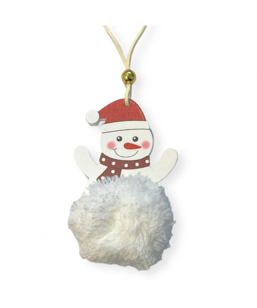 Decorazione natalizia da appendere in legno 6x11cm pupazzo di neve con pompon bianco