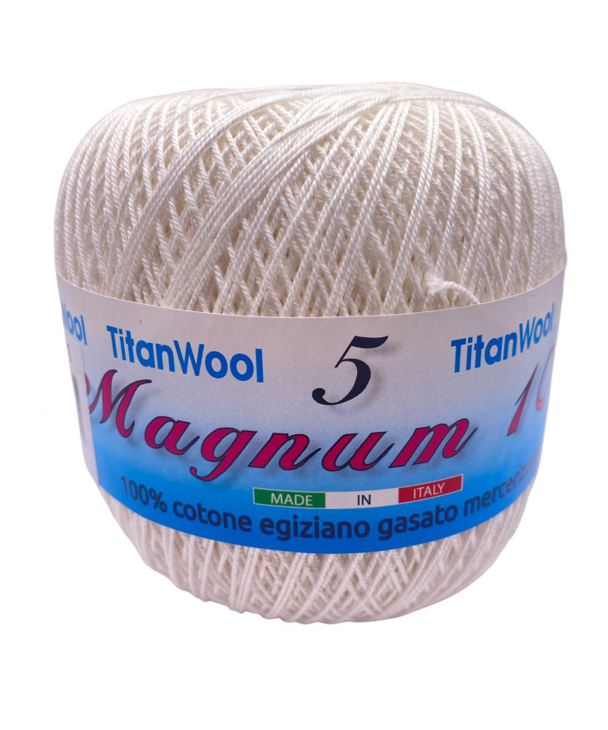 Cotone "Magnum"100% Egiziano Gasato Mercerizzato-100gr 452mt Colore Bianco Lana n°151-Uncinetto Consigliato n°2