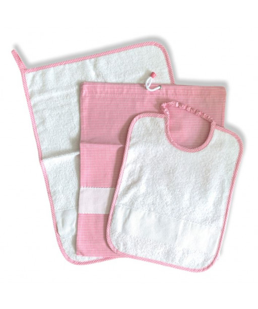 Set Asilo Tre Pezzi bavaglino, asciugamano e sacchetto con tela aida , rosa