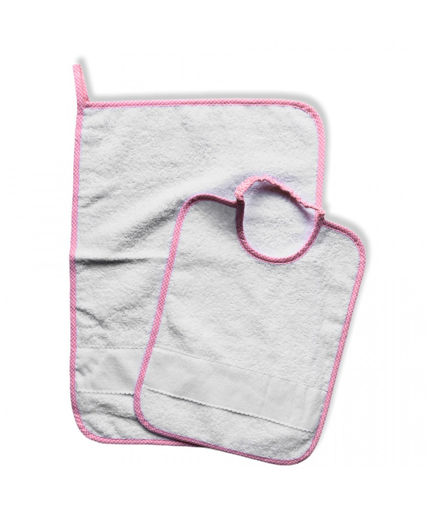 Completo per Asilo/Scuola 2pz asciugamano e bavaglino con tela aida, rosa