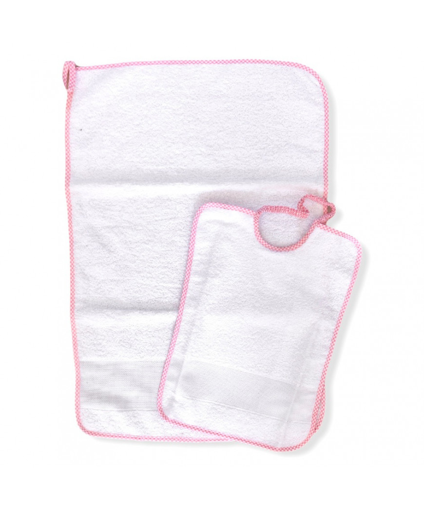 Completo per Asilo/Scuola 2pz asciugamano e bavaglino con tela aida , rosa