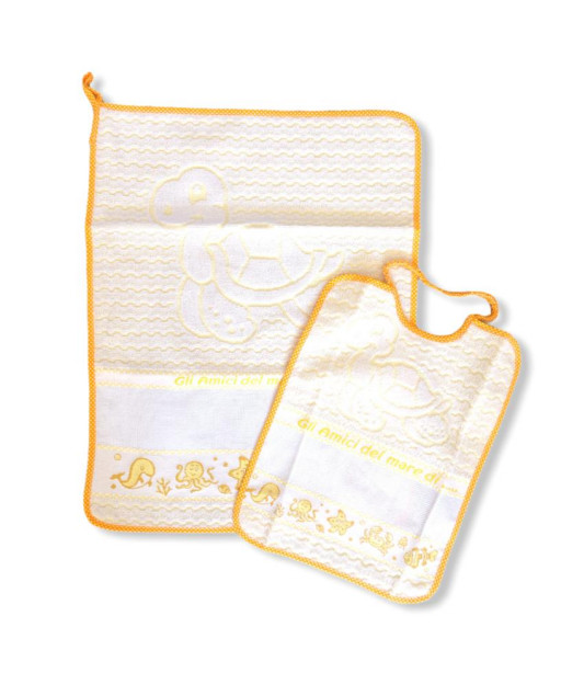 Completo per Asilo/Scuola 2pz asciugamano e bavaglino con tela aida, arancione