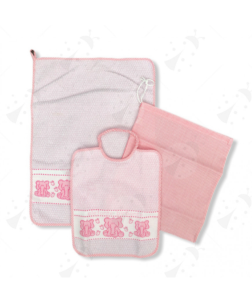 Completo per Asilo/Scuola 3 Pezzi con Aida “ELEFANTE BIRBANTE" Asciugamano, Bavaglino e Sacchetto, Rosa