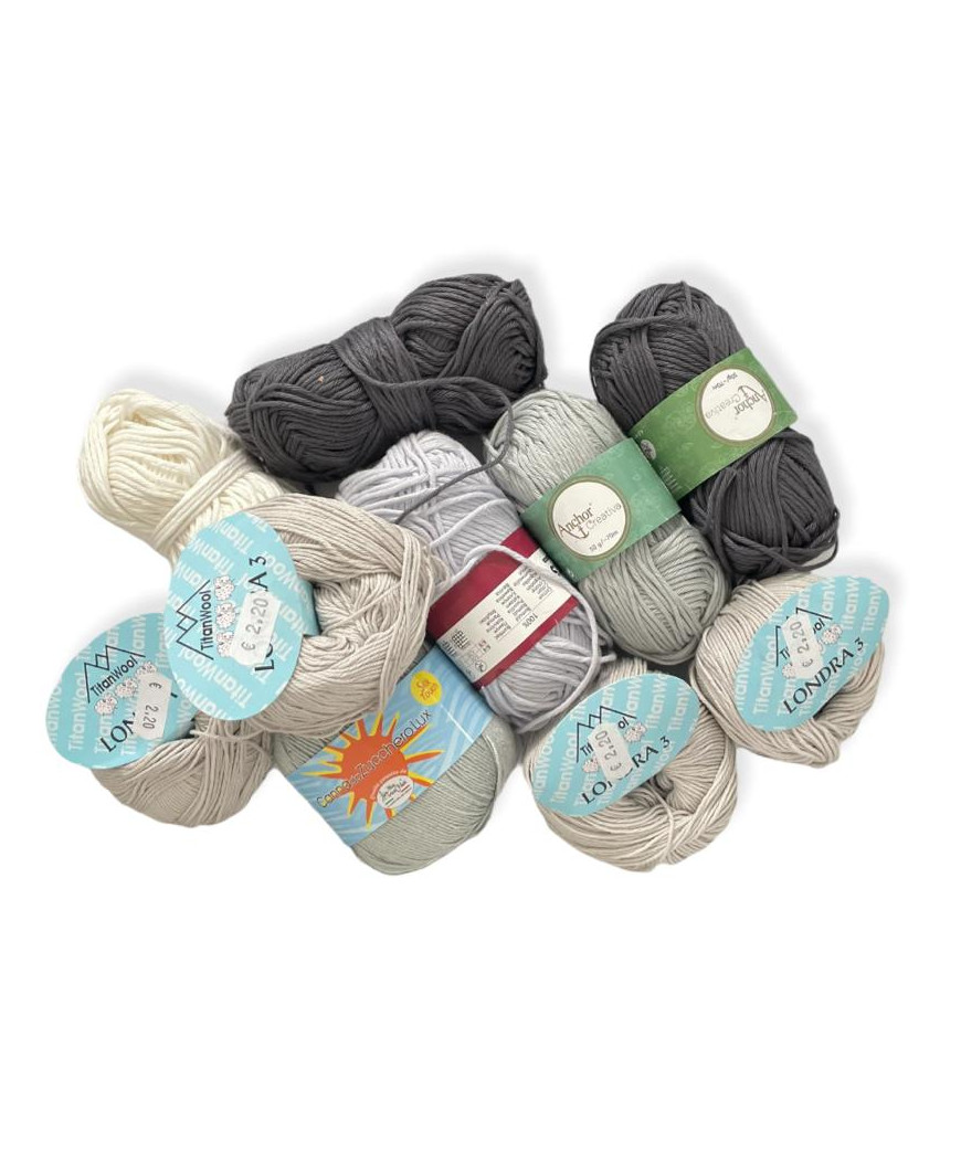 Stock gomitoli cotone, pezzi unici, misure miste, 500gr, mix grigio n°25