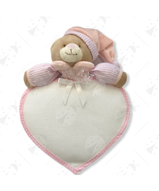 Fiocco nascita orso cuore con tela aida da ricamo 28x34cm/ca, Rosa