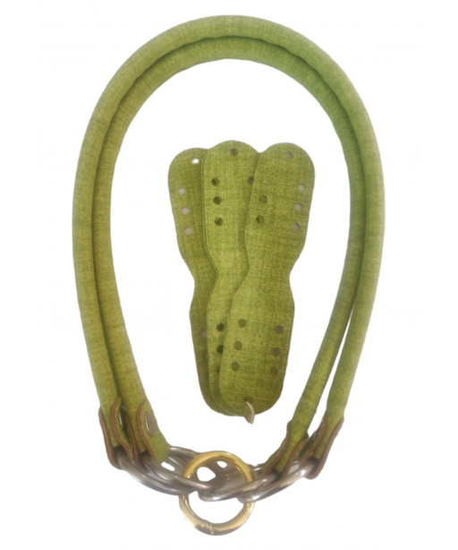 Coppia Manici Per Borse Bombato In Ecopelle Accoppiato con Tessuto Colore Jeans Verde Mela cm 55anello argento