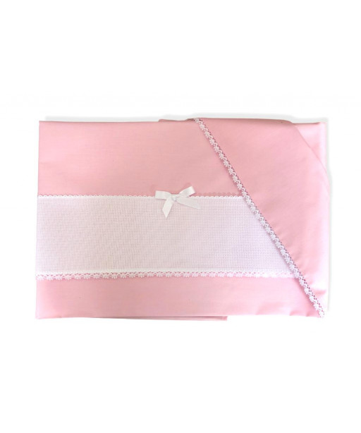 Coordinato culla, lenzuolino 90x120cm con federa e copri materasso con tela aida, rosa
