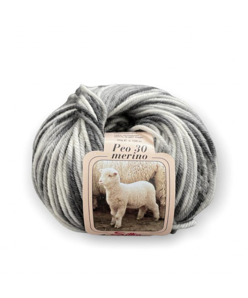 Filato Gomitolo lana Peo 30 100% Merino 50gr, Colore mix Grigio n°127-Ferri consigliati n°3-4