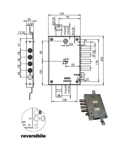 SERRATURA SIC.TRIPLICE DX DM E63      614/280 MOIA