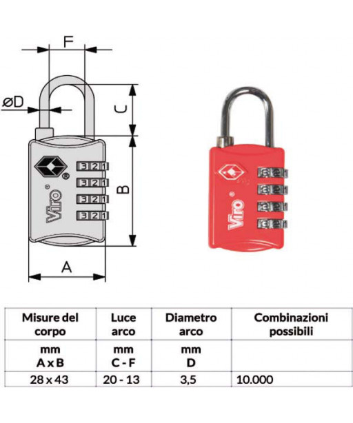 LUCCHETTO ZAMA mm 28 COMBINAZIONE TSA   424.7 VIRO